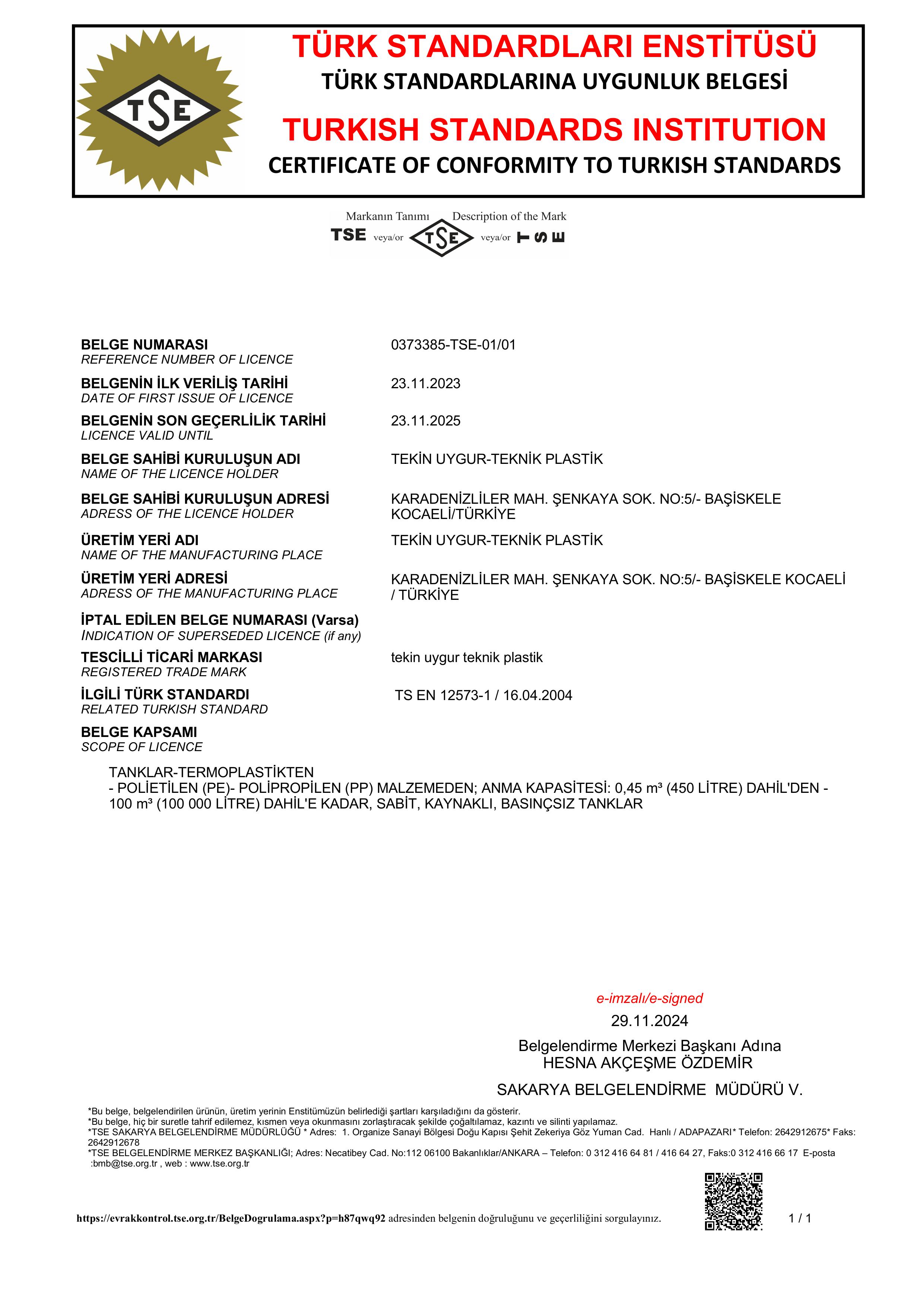 TSE EN-12573 Belgesi